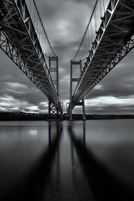 Black and White image of  underside of Tacoma Narrows Bridge in WA