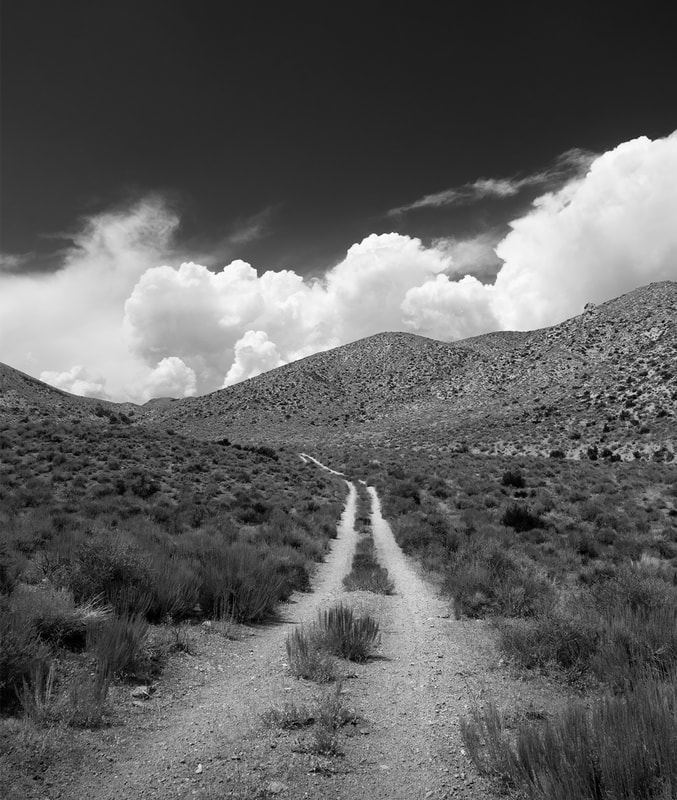 Black and White image of remote dirt road leading toward storm